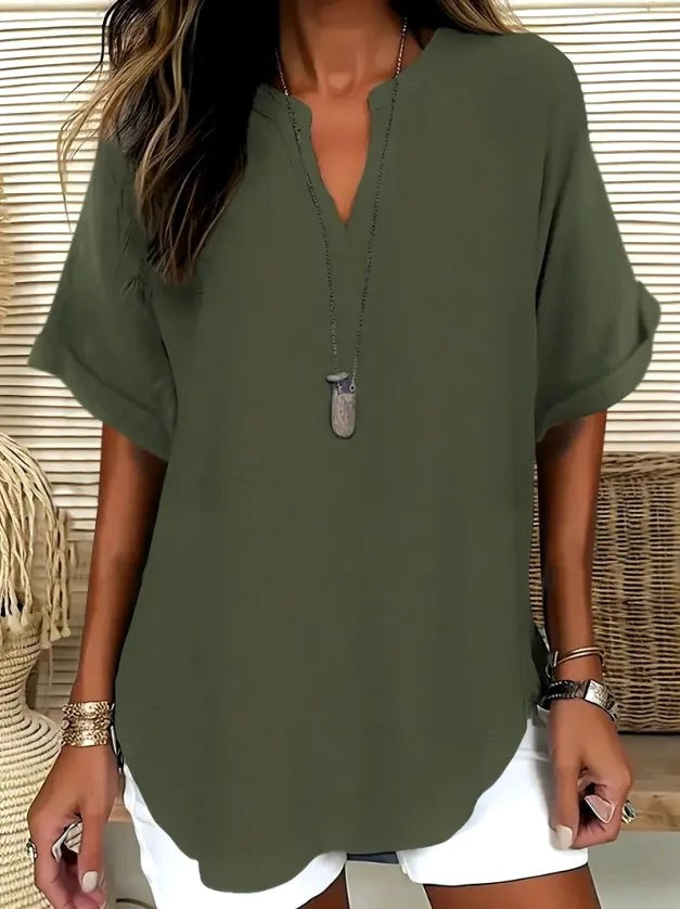 Cynthia | Women's V-Neck Tunic Blouse - Olive Green