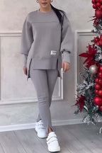 Mackenzie | Women's Oversized Sweatshirt with Slits and Leggings Set, Two-Piece Lounge Set | The Dress Cellar
