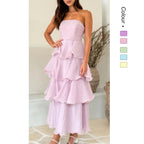 Danielle | Women's Strapless Tiered Maxi Dress, Ruffle Wedding Guest Dress | The Dress Cellar | Pink