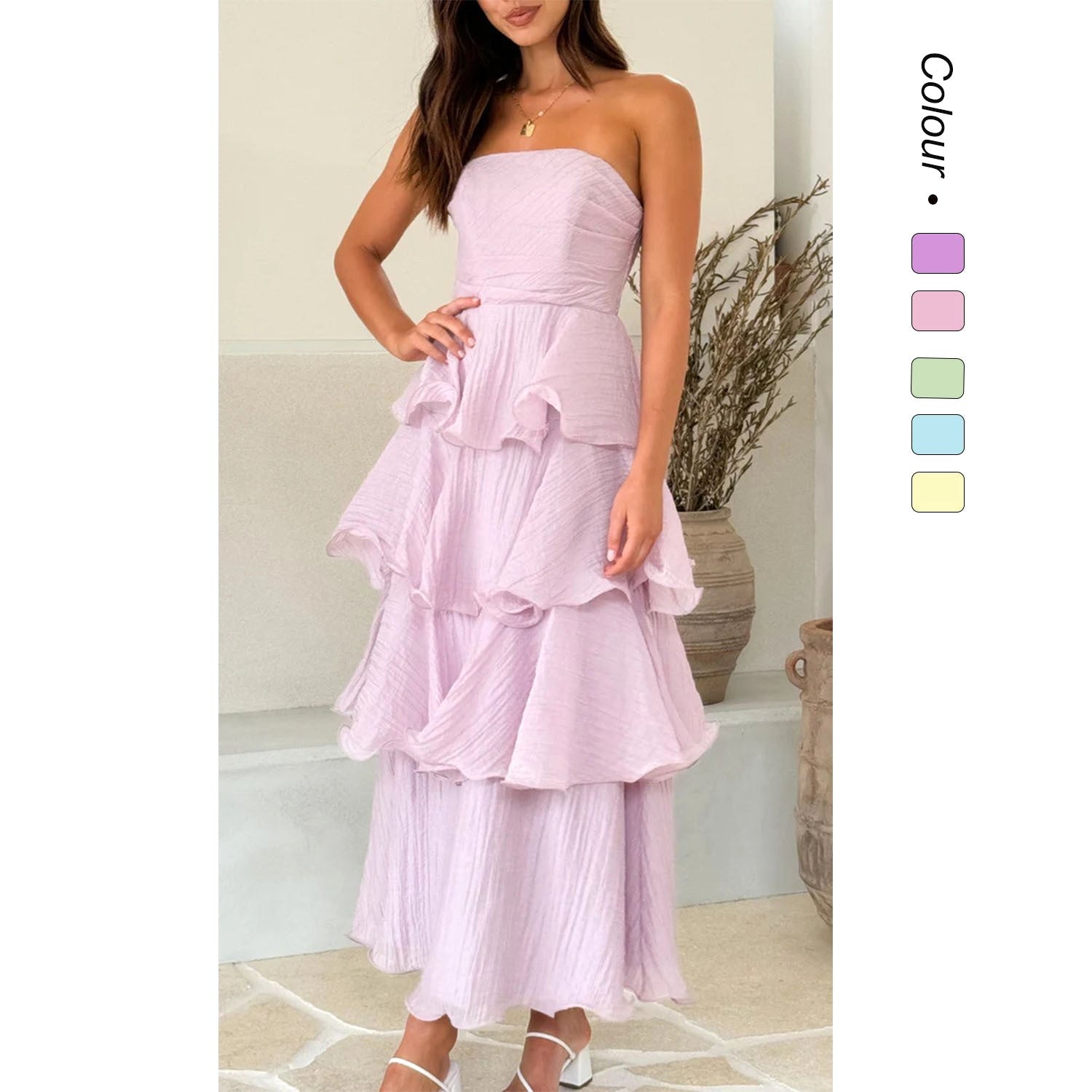 Danielle | Women's Strapless Tiered Maxi Dress, Ruffle Wedding Guest Dress | The Dress Cellar | Pink