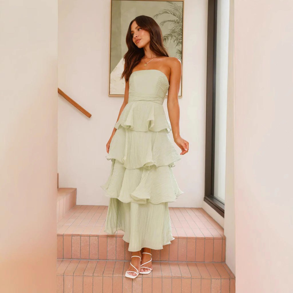 Danielle | Women's Strapless Tiered Maxi Dress, Ruffle Wedding Guest Dress | The Dress Cellar | Light Blue