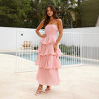 Danielle | Women's Strapless Tiered Maxi Dress, Ruffle Wedding Guest Dress | The Dress Cellar | Yellow