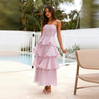 Danielle | Women's Strapless Tiered Maxi Dress, Ruffle Wedding Guest Dress | The Dress Cellar | Light Green