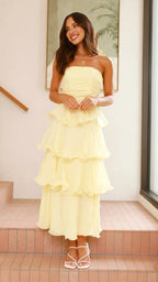 Danielle | Women's Strapless Tiered Maxi Dress, Ruffle Wedding Guest Dress | The Dress Cellar