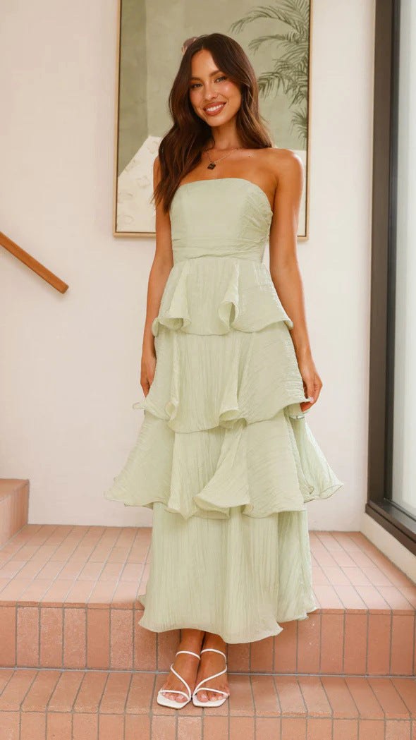Danielle | Women's Strapless Tiered Maxi Dress, Ruffle Wedding Guest Dress | The Dress Cellar