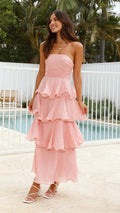 Danielle | Women's Strapless Tiered Maxi Dress, Ruffle Wedding Guest Dress | The Dress Cellar