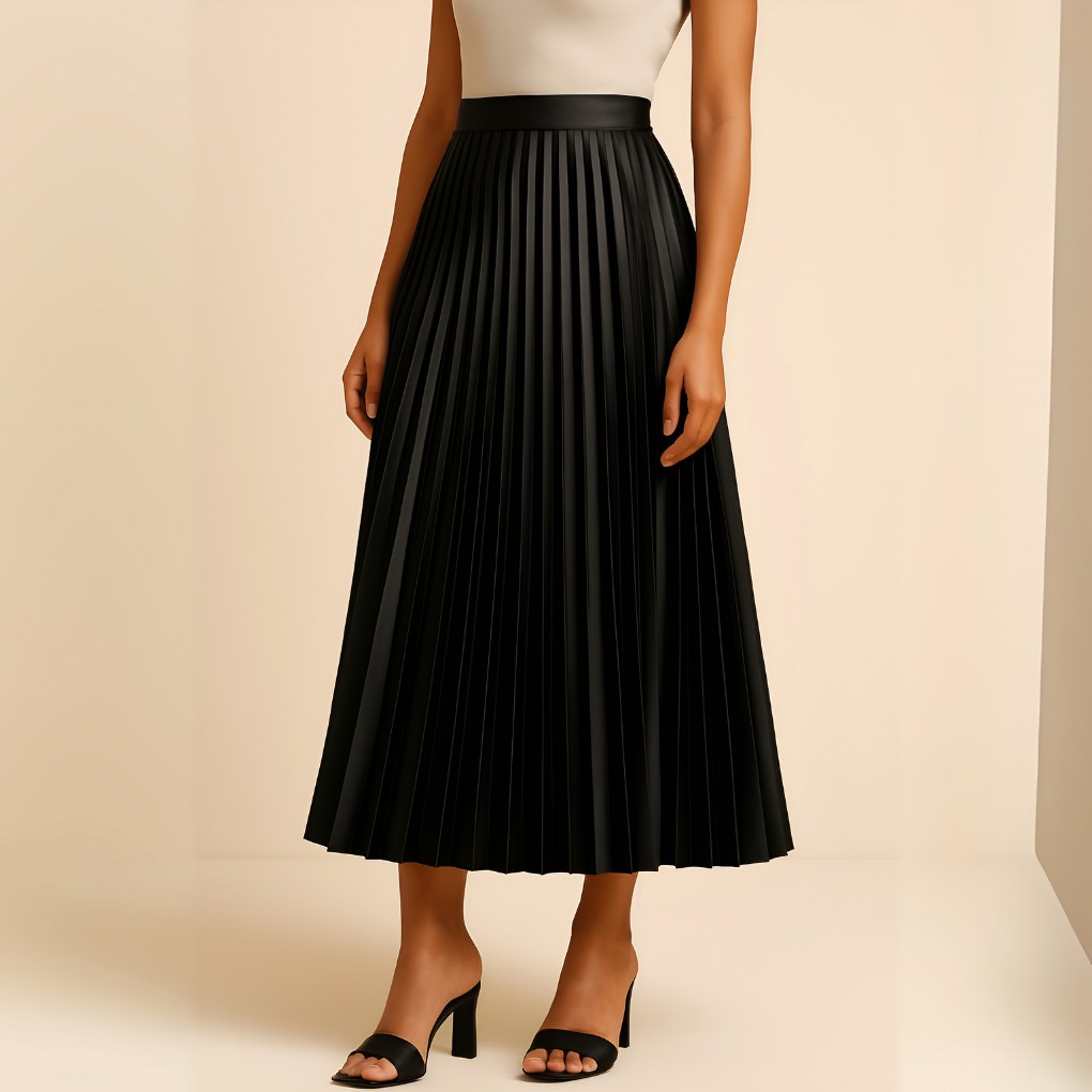 Daphne | Women's Satin Pleated High-Waist Skirt - Black