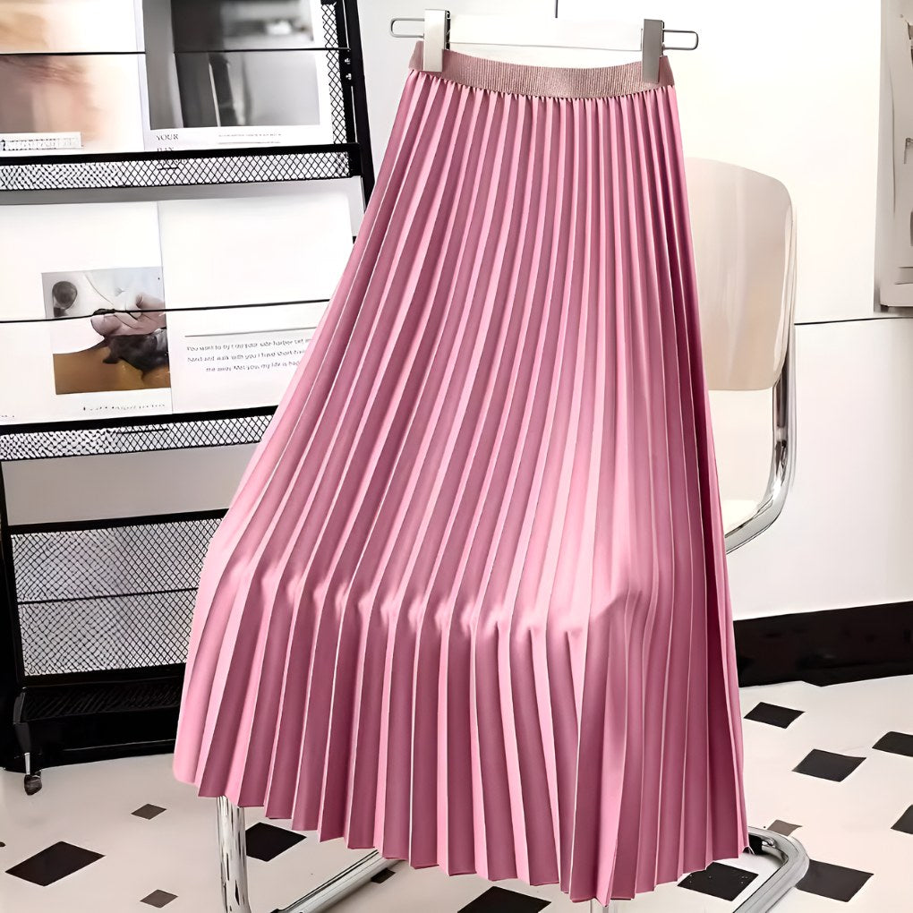 Daphne | Women's Satin Pleated High-Waist Skirt - Blue
