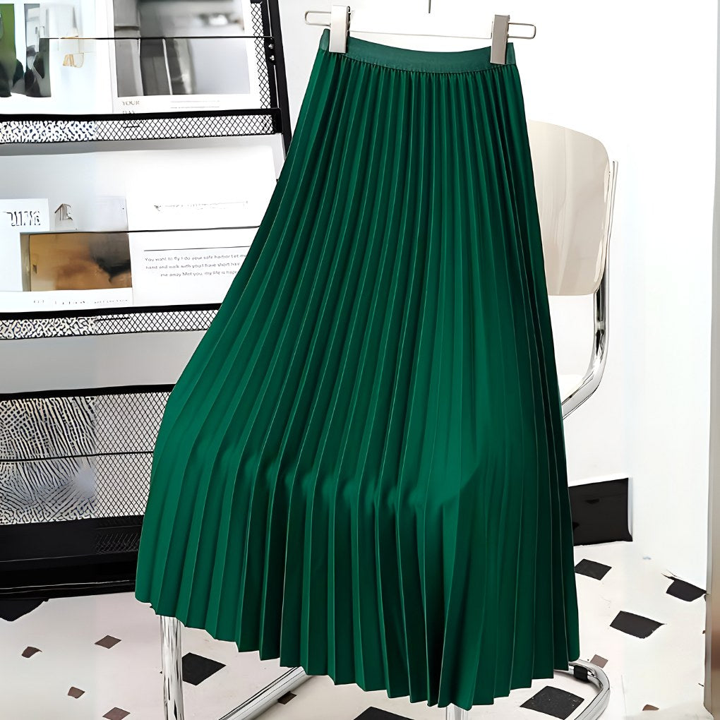 Daphne | Women's Satin Pleated High-Waist Skirt - Green