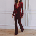Delphine | Women's Single-Button Blazer Flare Trouser Set, Contrast Lapel Two-Piece Suit | The Dress Cellar | Black