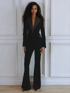 Delphine | Women's Single-Button Blazer Flare Trouser Set, Contrast Lapel Two-Piece Suit | The Dress Cellar