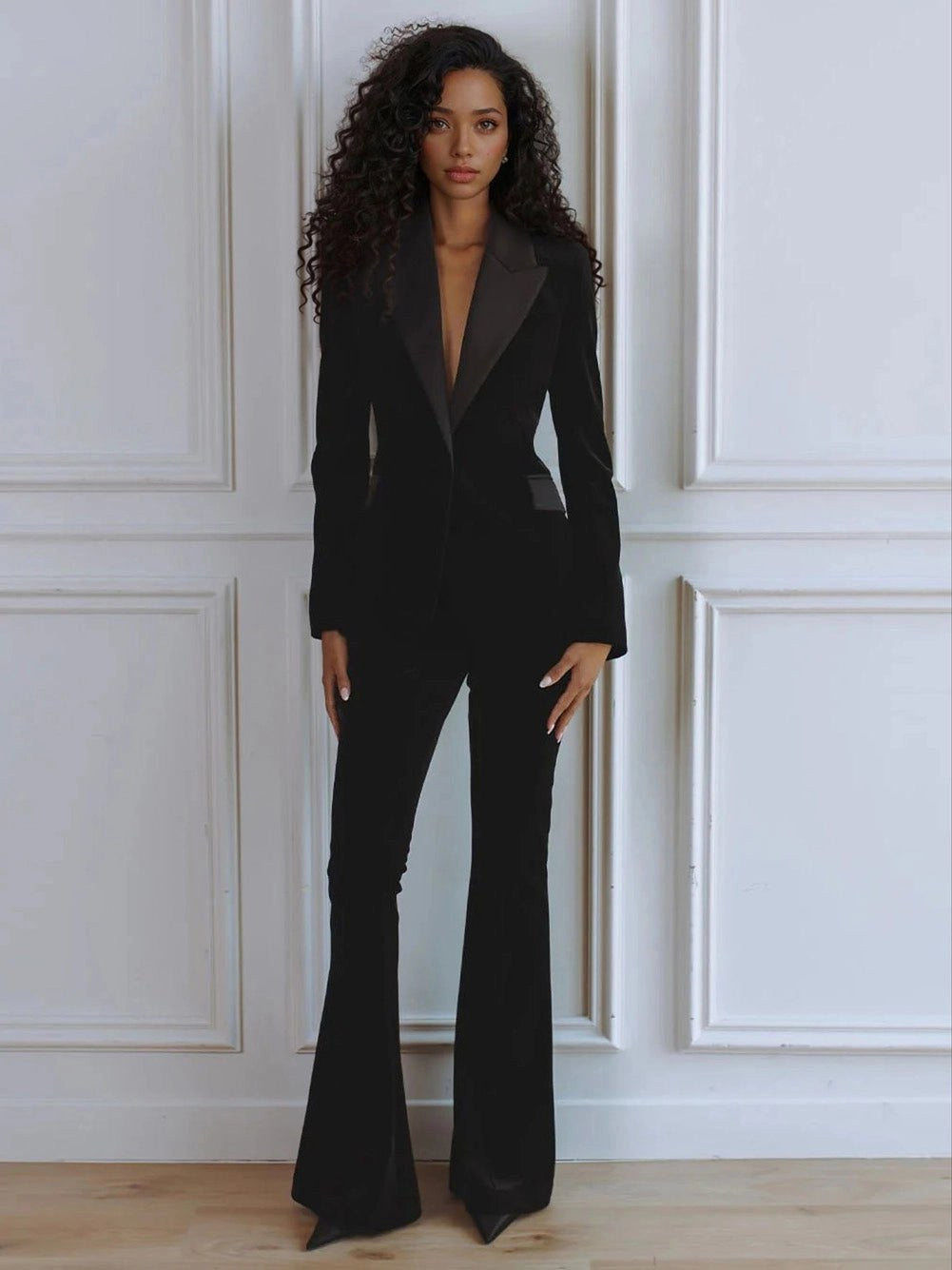 Delphine | Women's Single-Button Blazer Flare Trouser Set, Contrast Lapel Two-Piece Suit | The Dress Cellar