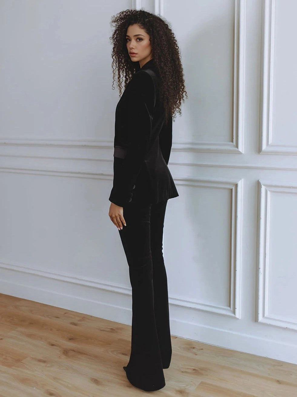 Delphine | Women's Single-Button Blazer Flare Trouser Set, Contrast Lapel Two-Piece Suit | The Dress Cellar