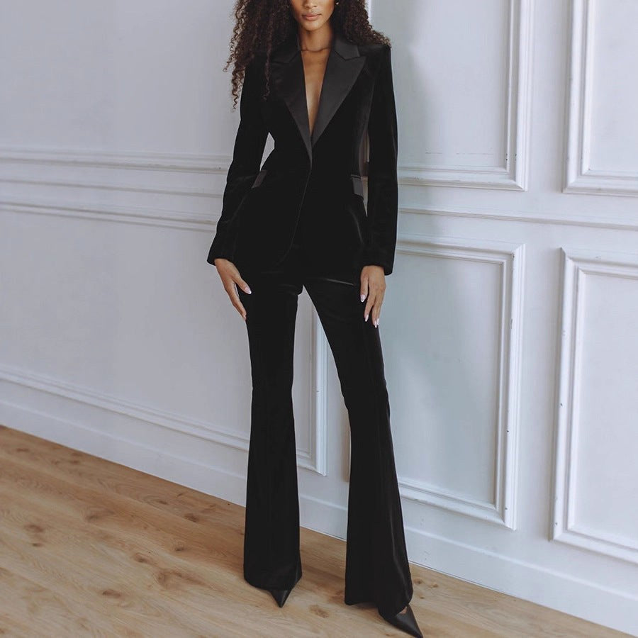 Delphine | Women's Single-Button Blazer Flare Trouser Set, Contrast Lapel Two-Piece Suit | The Dress Cellar