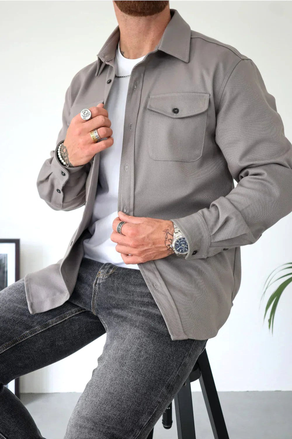 Dominic | Men's Long Sleeve Button-Up Shirt Jacket, Relaxed-Fit Overshirt | The Dress Cellar | Grey