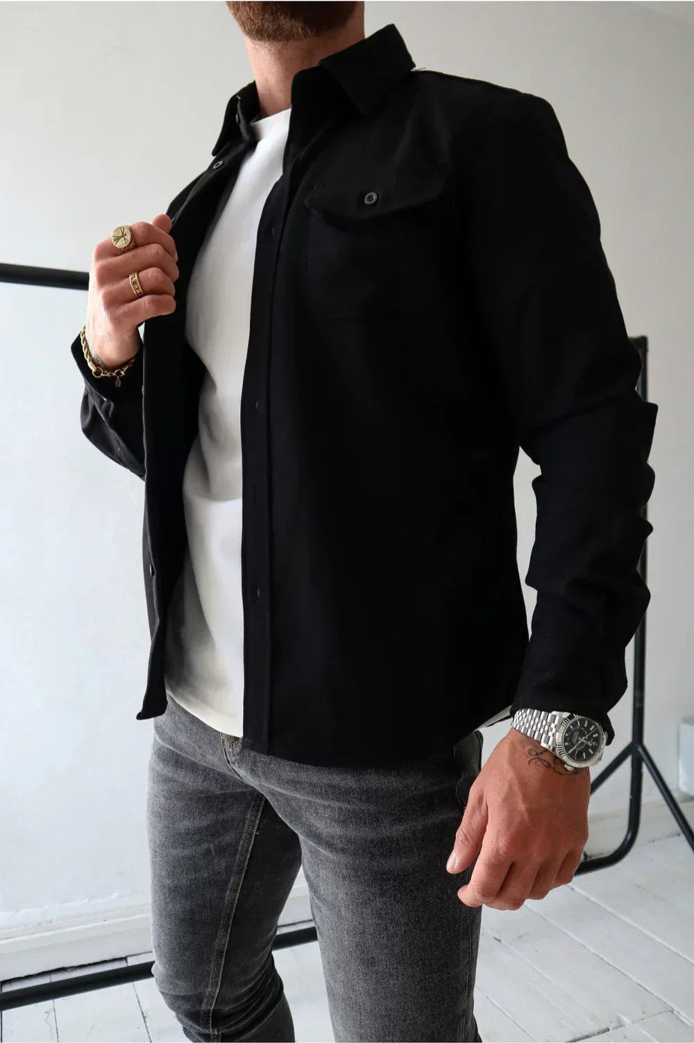Dominic | Men's Long Sleeve Button-Up Shirt Jacket, Relaxed-Fit Overshirt | The Dress Cellar | Dark Grey