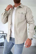 Dominic | Men's Long Sleeve Button-Up Shirt Jacket, Relaxed-Fit Overshirt | The Dress Cellar | Stone