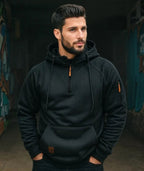 Dylan | Men's Half-Zip Hooded Pullover, Kangaroo Pocket Hoodie | The Dress Cellar | Dark Gray