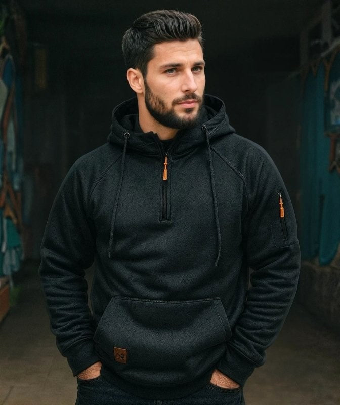 Dylan | Men's Half-Zip Hooded Pullover, Kangaroo Pocket Hoodie | The Dress Cellar | Dark Gray