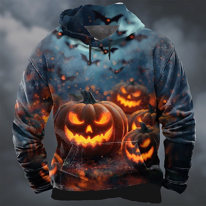 Dylan | Men's Halloween Pumpkin Print Hoodie, Relaxed-Fit Autumn Sweatshirt | The Dress Cellar | Orange