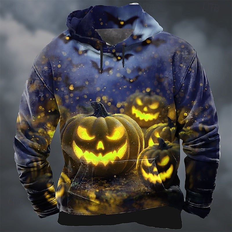 Dylan | Men's Halloween Pumpkin Print Hoodie, Relaxed-Fit Autumn Sweatshirt | The Dress Cellar | Yellow