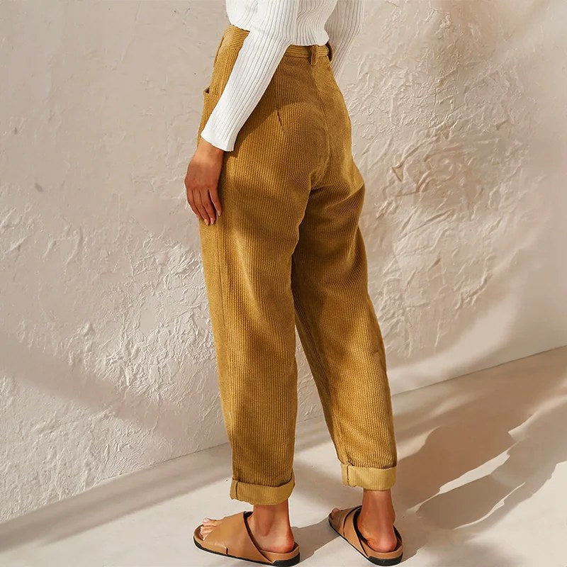 Eliane | Women's High-Waist Wide-Leg Corduroy Trousers, Pleated Front Trousers | The Dress Cellar | Brown