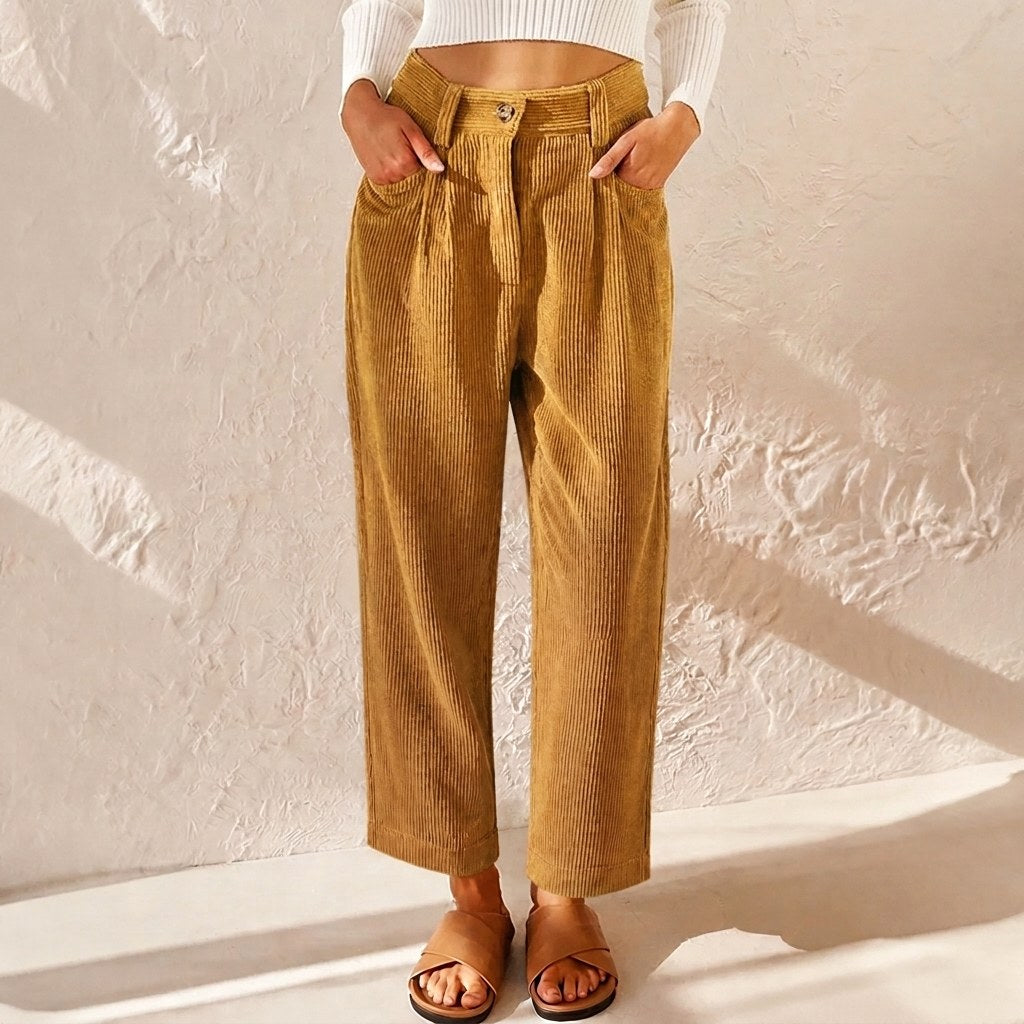 Eliane | Women's High-Waist Wide-Leg Corduroy Trousers, Pleated Front Trousers | The Dress Cellar | Green