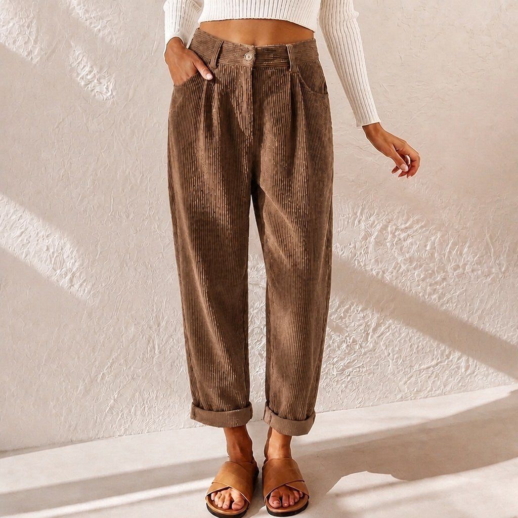 Eliane | Women's High-Waist Wide-Leg Corduroy Trousers, Pleated Front Trousers | The Dress Cellar | Blue