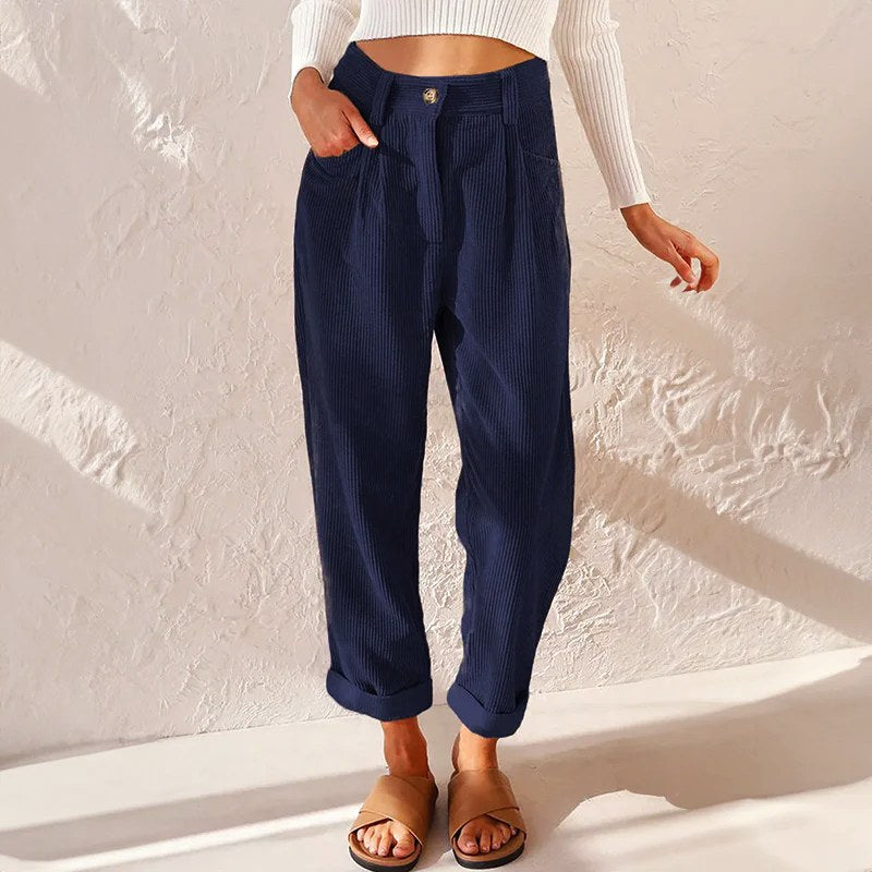 Eliane | Women's High-Waist Wide-Leg Corduroy Trousers, Pleated Front Trousers | The Dress Cellar