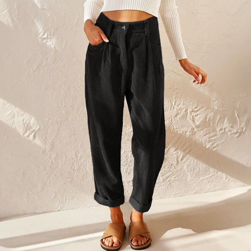 Eliane | Women's High-Waist Wide-Leg Corduroy Trousers, Pleated Front Trousers | The Dress Cellar