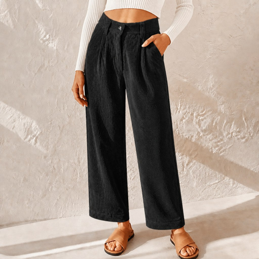 Eliane | Women's High-Waist Wide-Leg Corduroy Trousers, Pleated Front Trousers | The Dress Cellar