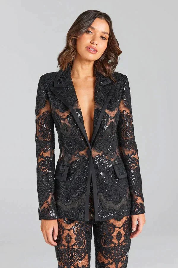 Elina | Women's Sequin Blazer Two-Piece Set - White