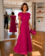 Elizabeth | Women's Pleated Maxi Dress with a Defined Waist and Ruffle Sleeves – an Evening Dress | The Dress Cellar