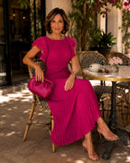 Elizabeth | Women's Pleated Maxi Dress with a Defined Waist and Ruffle Sleeves – an Evening Dress | The Dress Cellar