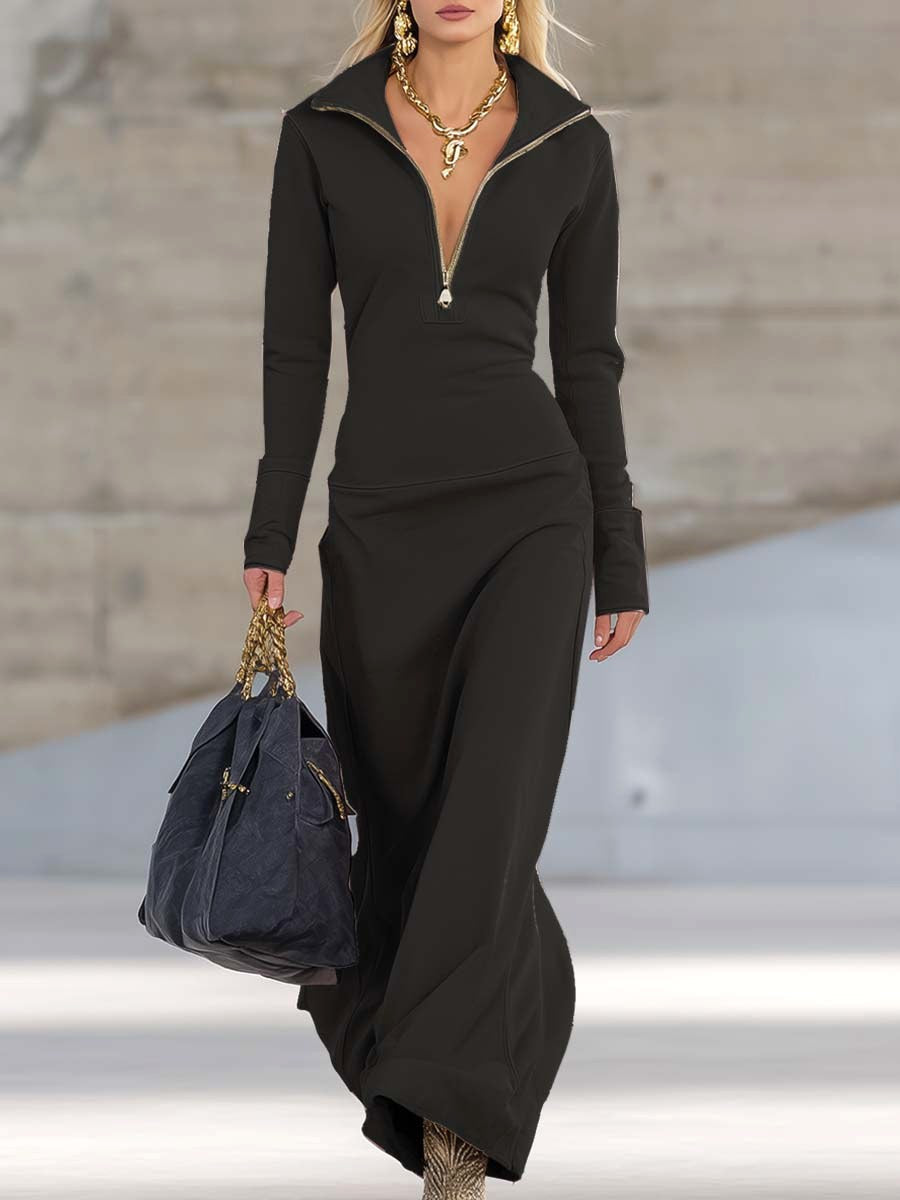 Alexis | Women's Maxi Dress with Long Sleeves and Zip Collar, Fitted Maxi Dress | The Dress Cellar