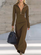 Alexis | Women's Maxi Dress with Long Sleeves and Zip Collar, Fitted Maxi Dress | The Dress Cellar