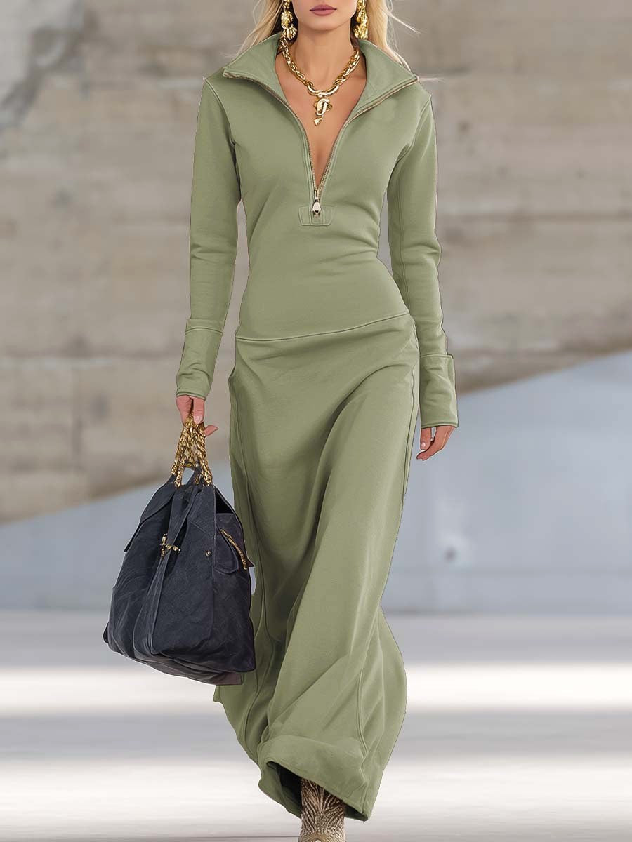 Alexis | Women's Maxi Dress with Long Sleeves and Zip Collar, Fitted Maxi Dress | The Dress Cellar