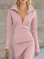Alexis | Women's Maxi Dress with Long Sleeves and Zip Collar, Fitted Maxi Dress | The Dress Cellar