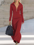 Alexis | Women's Maxi Dress with Long Sleeves and Zip Collar, Fitted Maxi Dress | The Dress Cellar