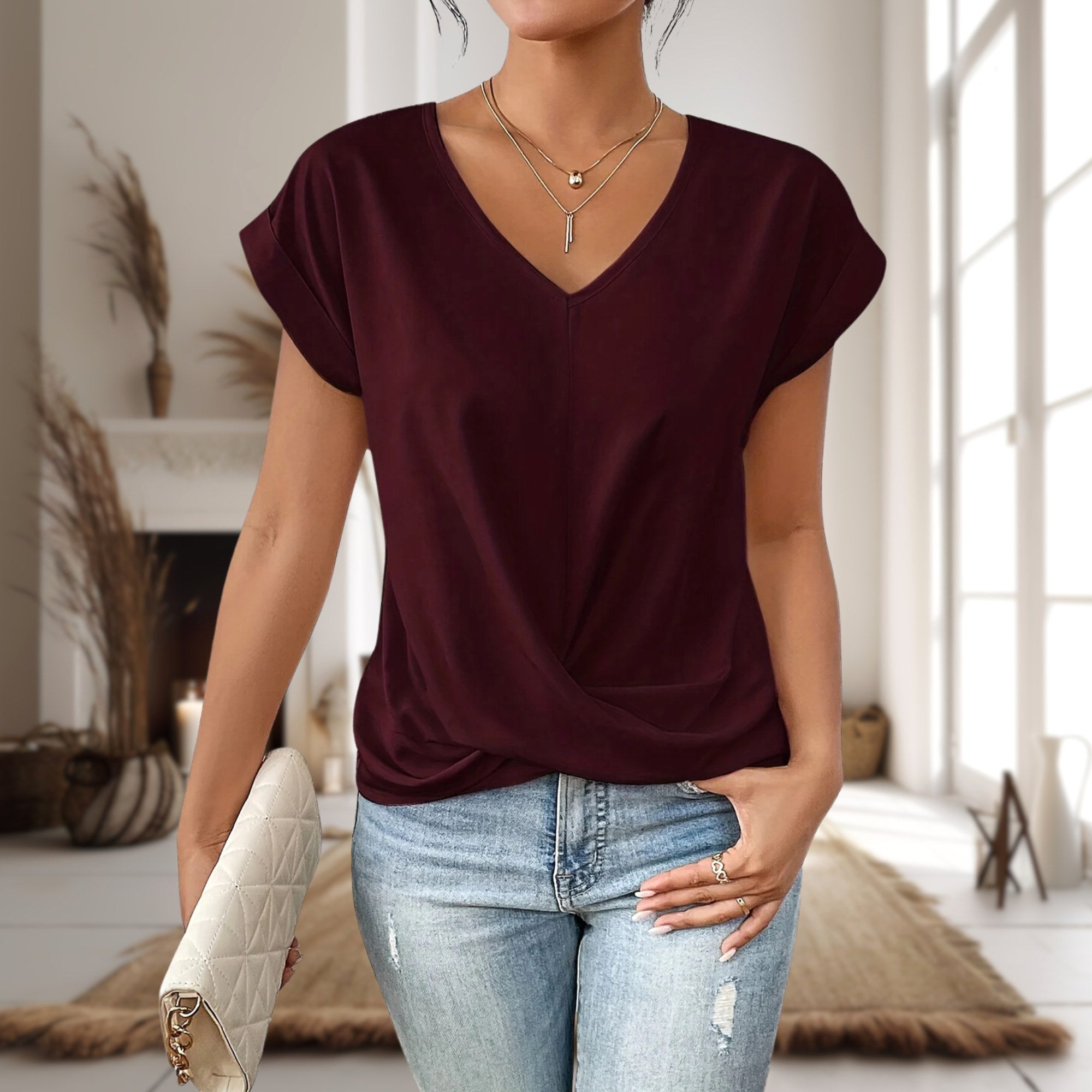 Elle | Women's Sweetheart Neck Casual T-Shirt - Burgundy red
