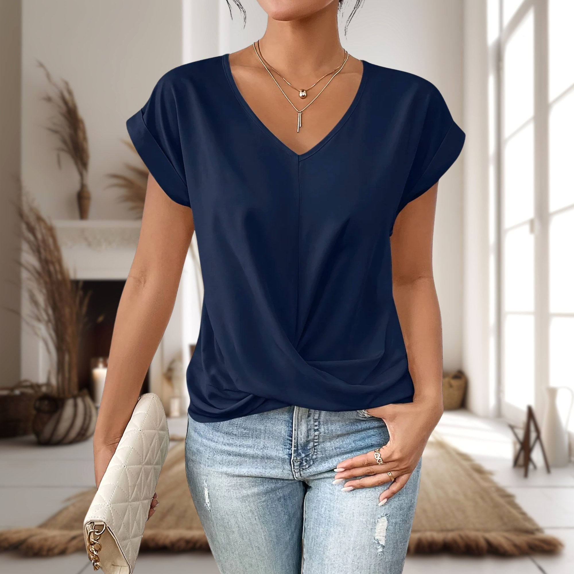 Elle | Women's Sweetheart Neck Casual T-Shirt - Blue