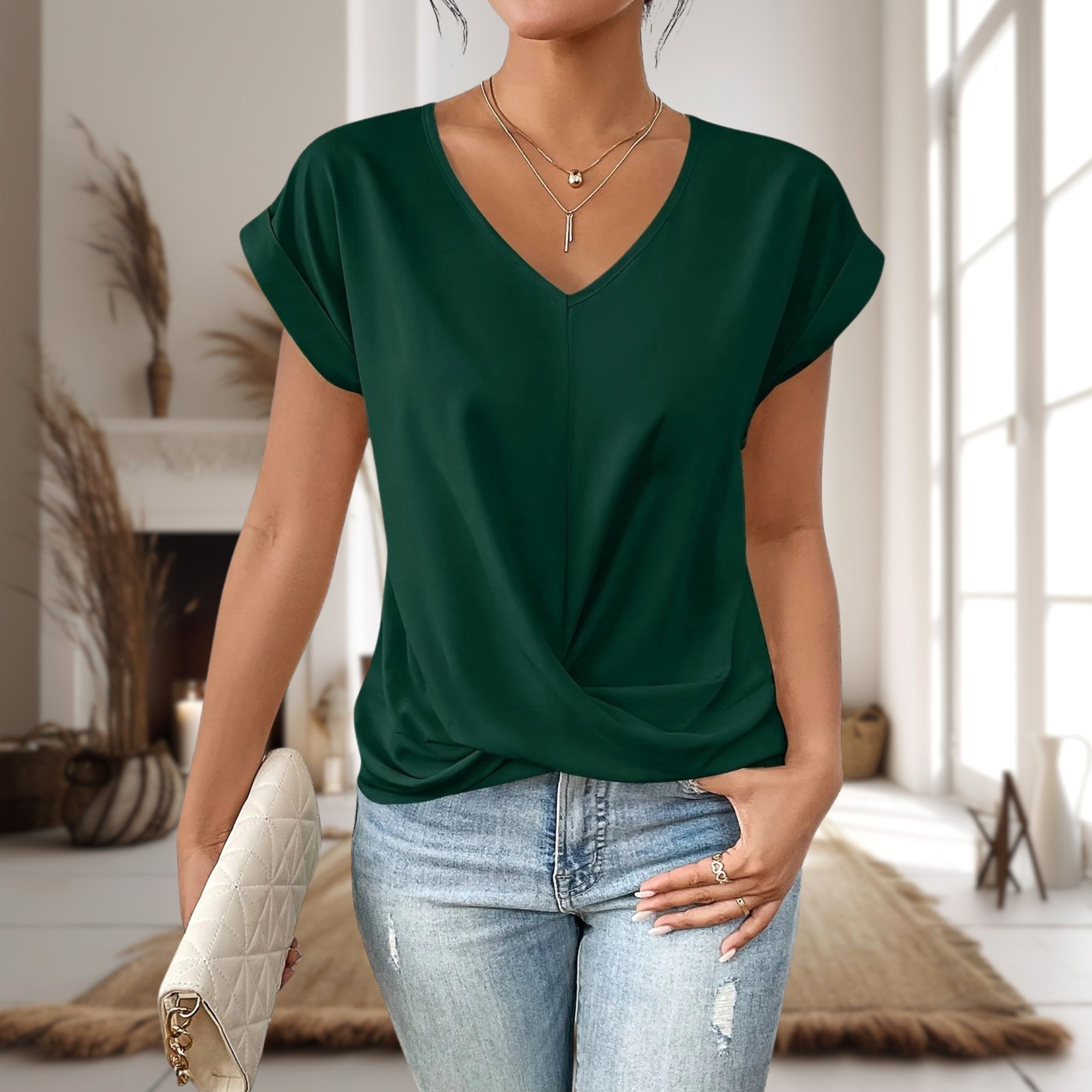 Elle | Women's Sweetheart Neck Casual T-Shirt - Green