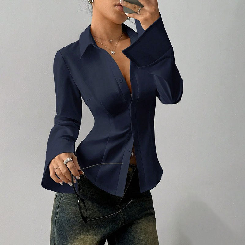 Monica | Women's Fitted Shirt with Collar and V-Neckline, Long-Sleeve Blouse | The Dress Cellar