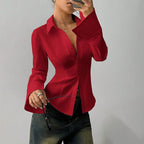 Monica | Women's Fitted Shirt with Collar and V-Neckline, Long-Sleeve Blouse | The Dress Cellar