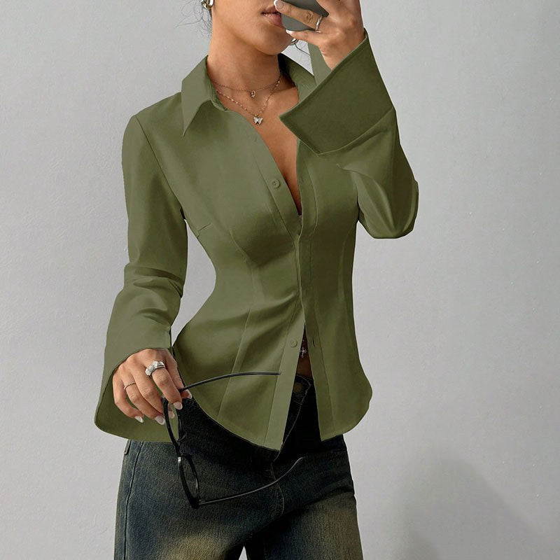 Monica | Women's Fitted Shirt with Collar and V-Neckline, Long-Sleeve Blouse | The Dress Cellar