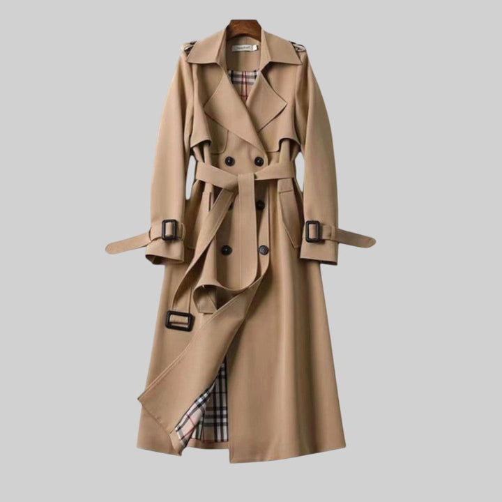 Eloise | Women's Belted Double-Breasted Trench Coat, Longline Winter Coat | The Dress Cellar | Beige