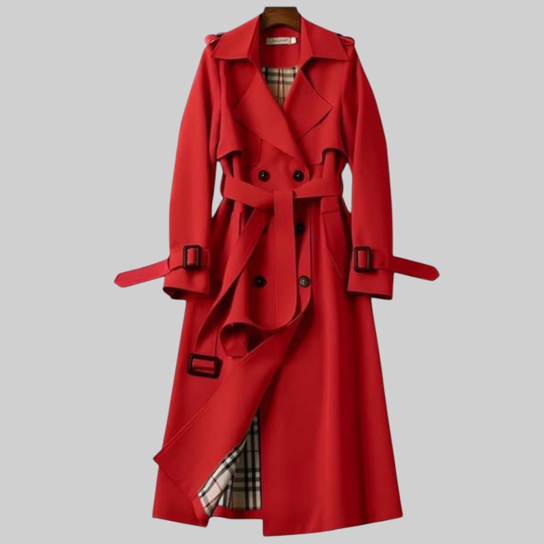 Eloise | Women's Belted Double-Breasted Trench Coat, Longline Winter Coat | The Dress Cellar | Red