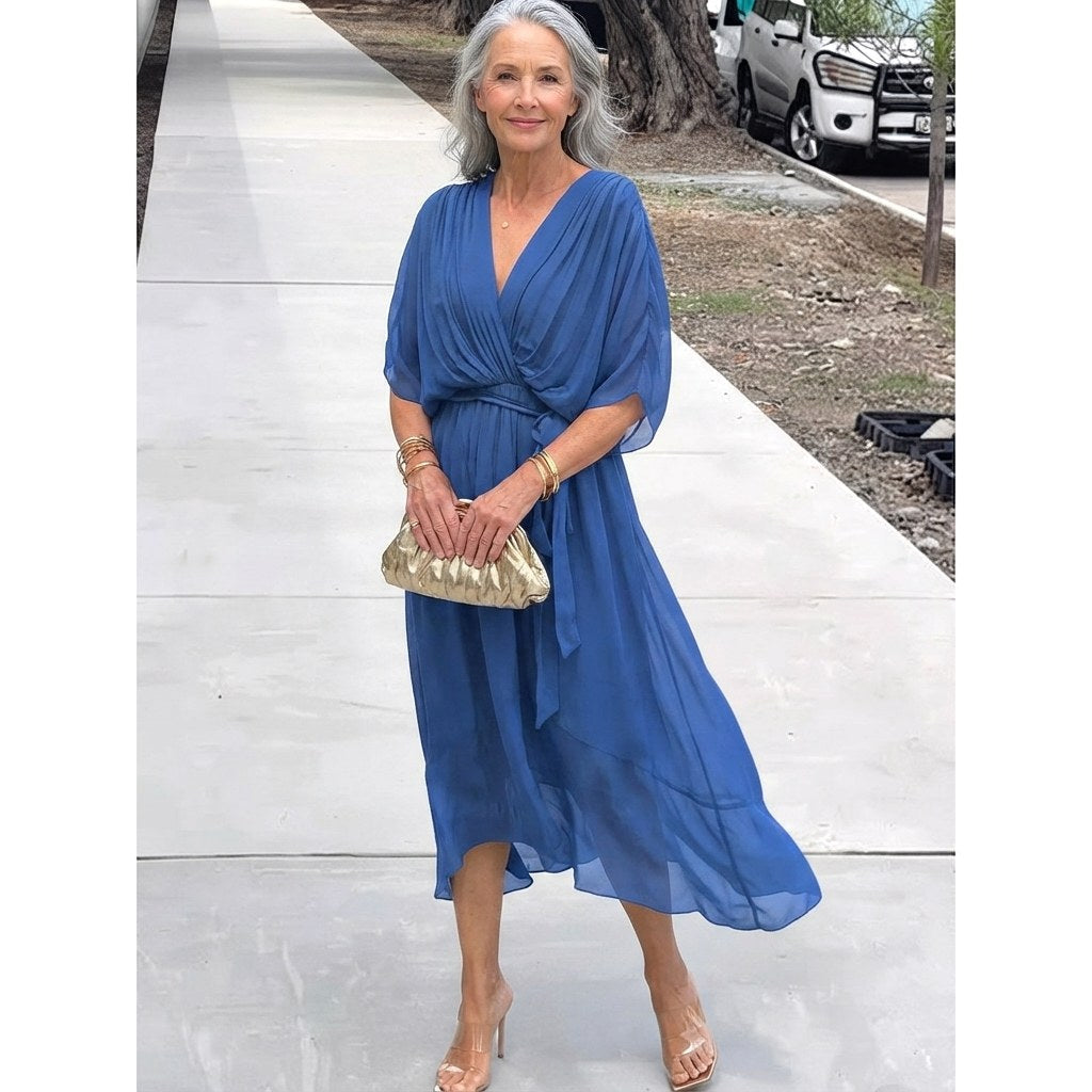 Alexandra | Women's Wrap Midi Dress with V-Neckline, Half-Length Sleeve Occasion Dress | The Dress Cellar | Blue