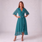 Alexandra | Women's Wrap Midi Dress with V-Neckline, Half-Length Sleeve Occasion Dress | The Dress Cellar | Orange