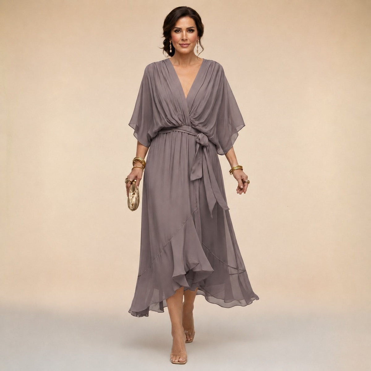 Alexandra | Women's Wrap Midi Dress with V-Neckline, Half-Length Sleeve Occasion Dress | The Dress Cellar